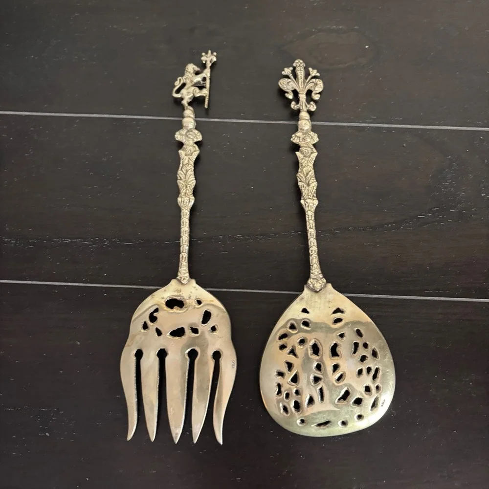 Vintage Italian Brass Salad Serving Set | Cherub Lion Fleur-de-Lis Ornate |‎ 2pc